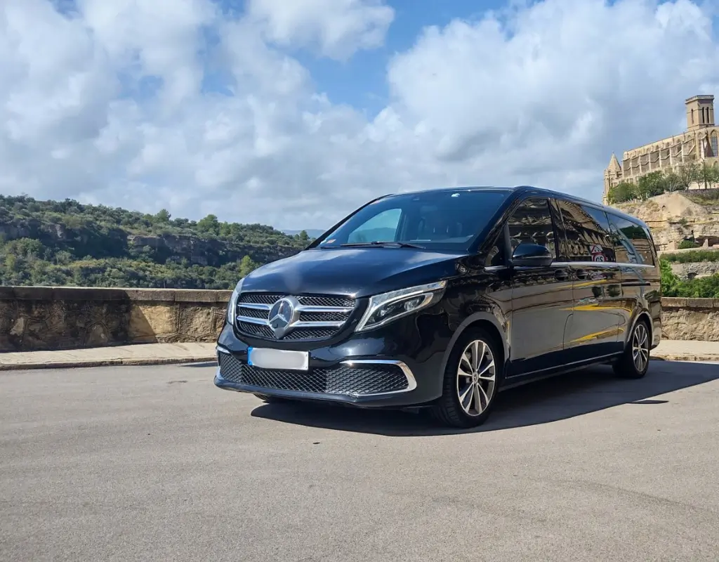 Black Mercedes-Benz van parked on a road with a scenic background of buildings and hills under a partly cloudy sky.